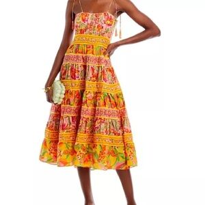 FARM Rio Mixed Fruits Cotton Midi Dress Orange and Yellow Ruffled Tiered Size L